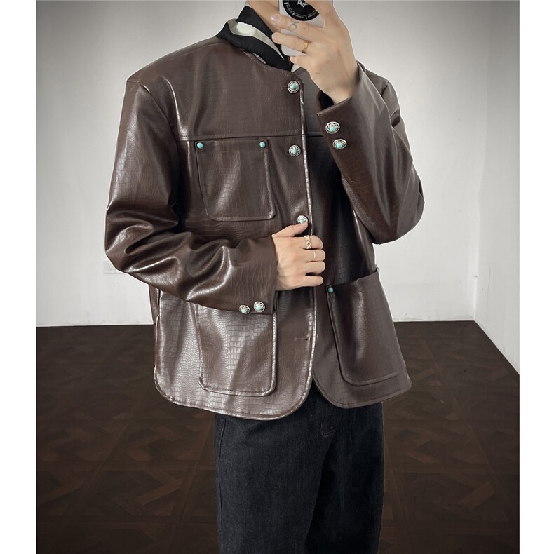 可二开绿宝石扣大码M-5XL鳄鱼皮面层PU夹克男JK78066P85控138，男装夹克，星座227-7