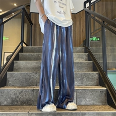 港风夏款男冰丝百褶皱条纹扎染宽松拖地直筒长裤h167P40，男装休闲裤，星座1013-1