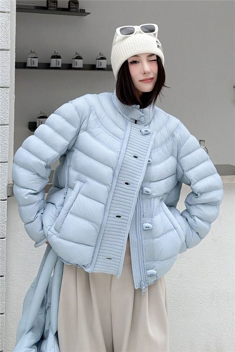 2025冬装新款时尚针织拼接门襟羽绒服,女装羽绒服,曼琳思菲