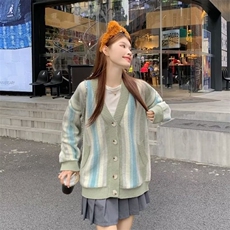 美式拼接彩色条纹针织衫毛衣女春秋季2026新款慵懒风宽松连帽开衫，男装针织衫/毛衣，星座516A