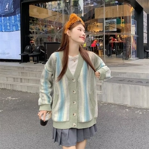 美式拼接彩色条纹针织衫毛衣女春秋季2026新款慵懒风宽松连帽开衫图片