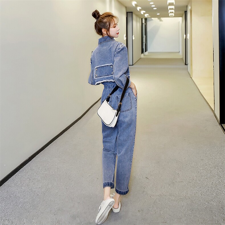 2021年春季新款牛仔连体长裤韩版高腰九分裤,女装休闲裤,秋水欣儿