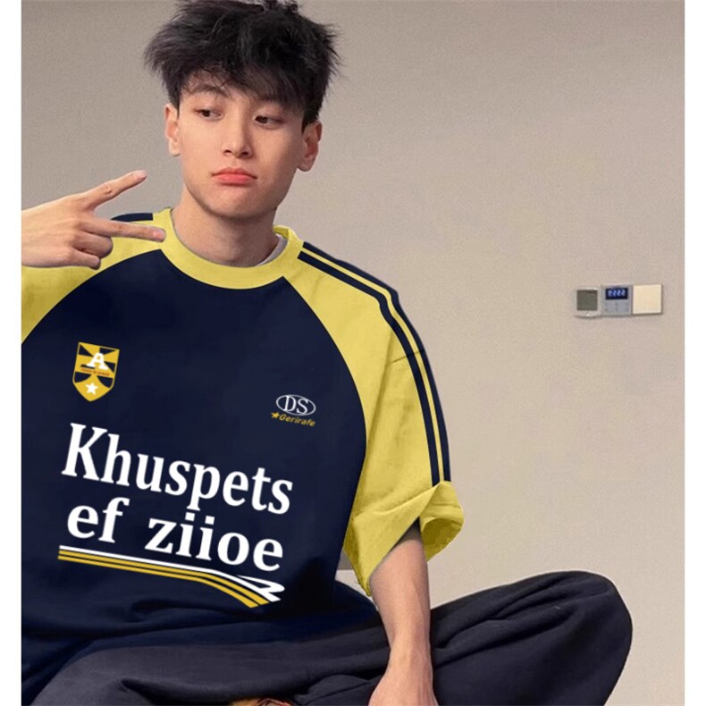 夏季美式高街重磅纯棉三条杠织带插肩撞色男女短袖T恤CZ181-特P25图片