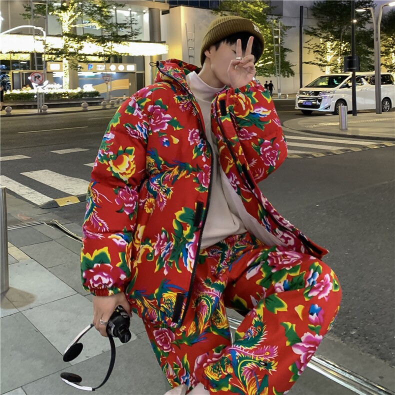 TZ206男士休闲东北大花连帽棉衣加绒裤套装风民族潮男女装，男装休闲套装，星座115A(原星座507）