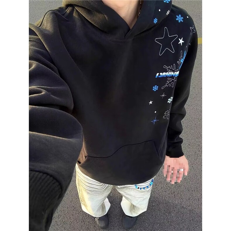 美式高街白灰色连帽卫衣男女秋冬季加绒外套上衣YE06，女装短外套，星座208-5