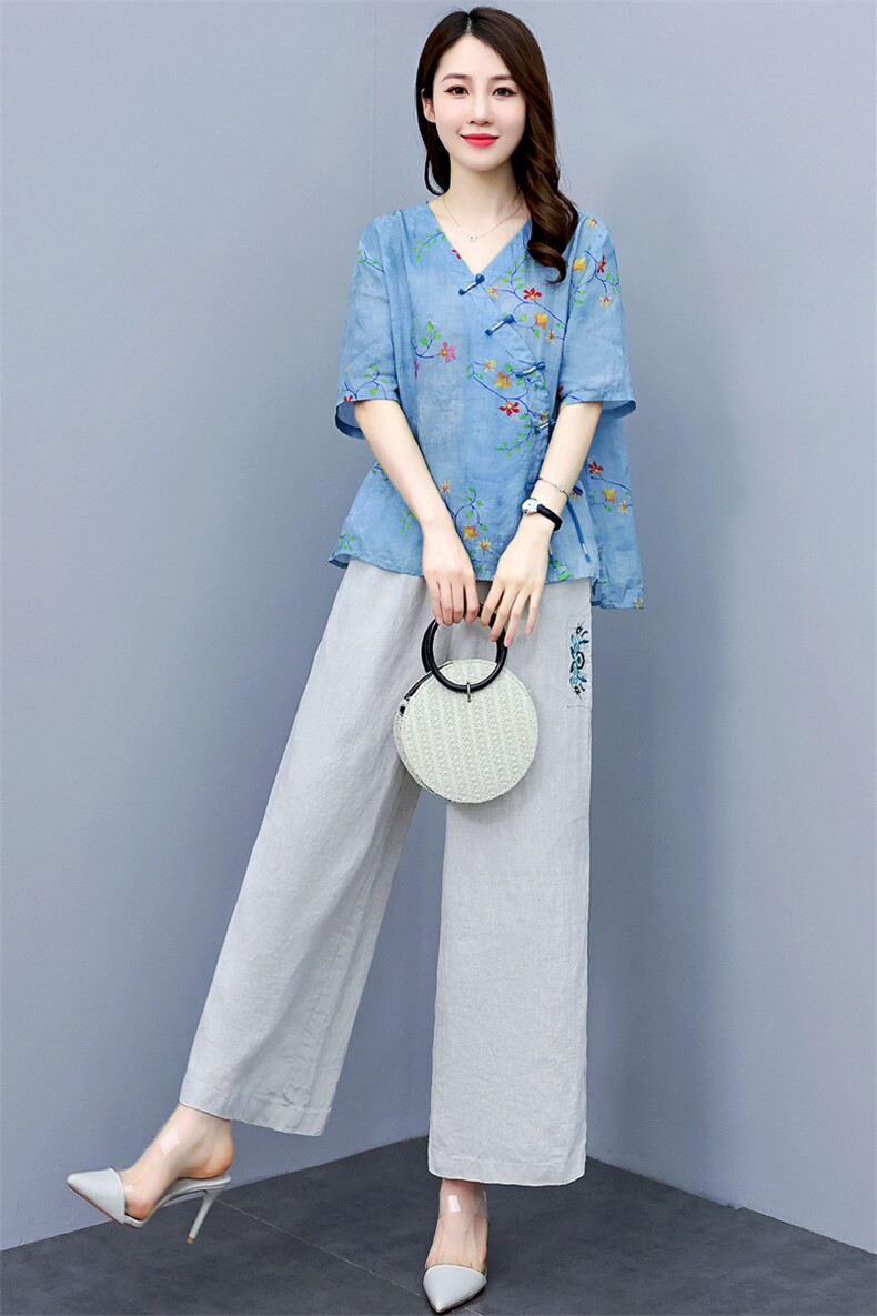时尚绣花苎麻阔腿裤套装女2024年夏季休闲宽松高端妈妈棉麻两件套,女装套装/套裙,凝聚力