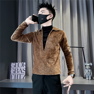 假两件T恤男长袖拼接设计感半高领修身打底301C-CT10-特P58控88图片