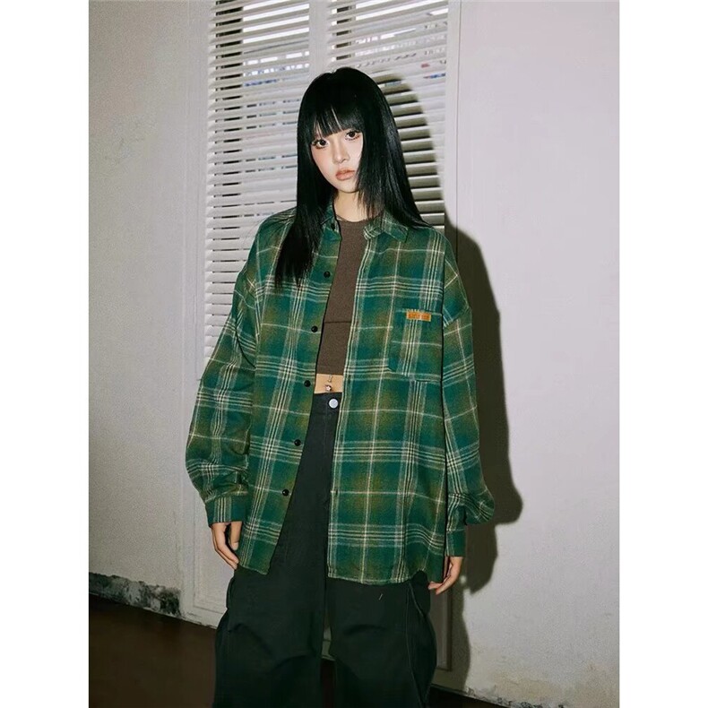 秋季潮牌磨毛格子衬衫男女同款薄款复古美式宽松长袖衬衣情侣外套,男装衬衫,星座1210-1