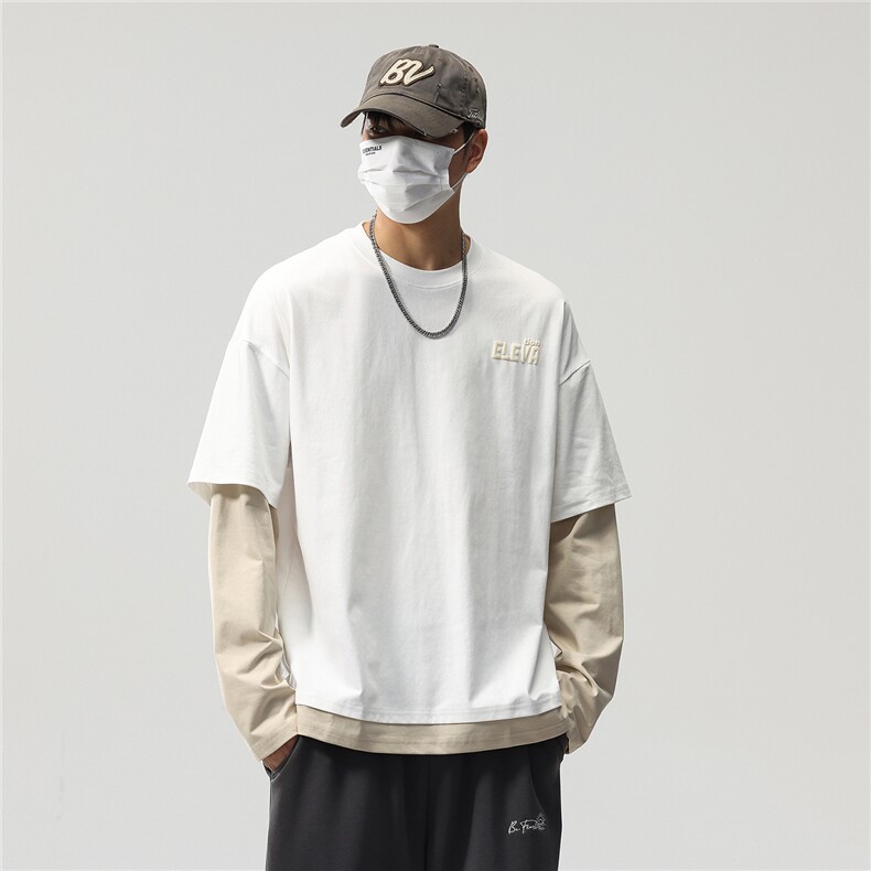 长袖t恤男春秋美式高街潮牌圆领春季宽松假两件卫衣8083-P46控89,男装T恤,电商D215