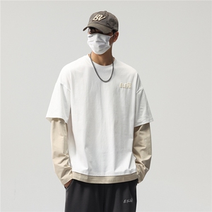 长袖t恤男春秋美式高街潮牌圆领春季宽松假两件卫衣8083-P46控89图片