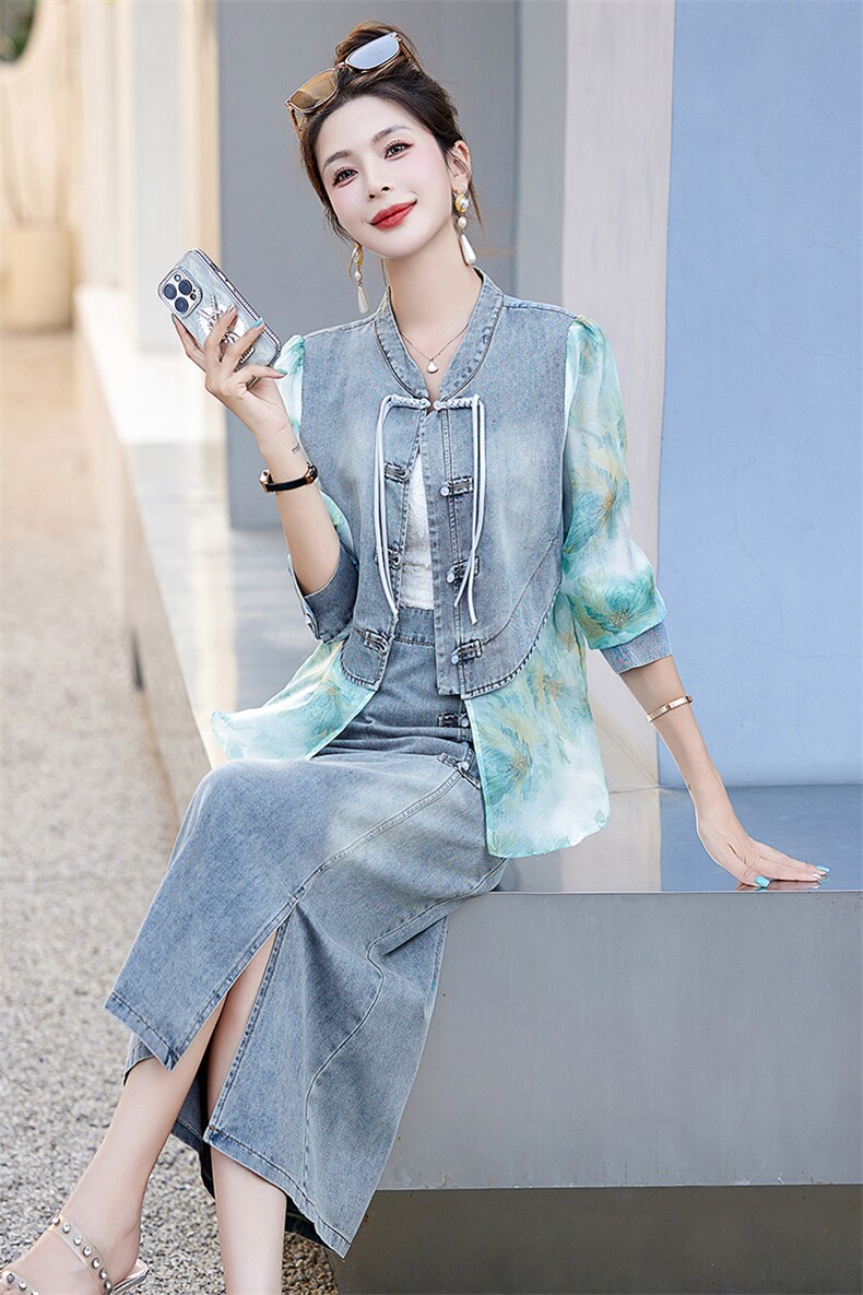 新中式国风牛仔拼接防晒衣套装女2024新款夏季高级感超好看连衣裙,女装套装/套裙,韩宇舍
