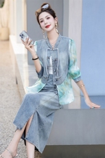 新中式国风牛仔拼接防晒衣套装女2024新款夏季高级感超好看连衣裙，女装套装/套裙，韩宇舍