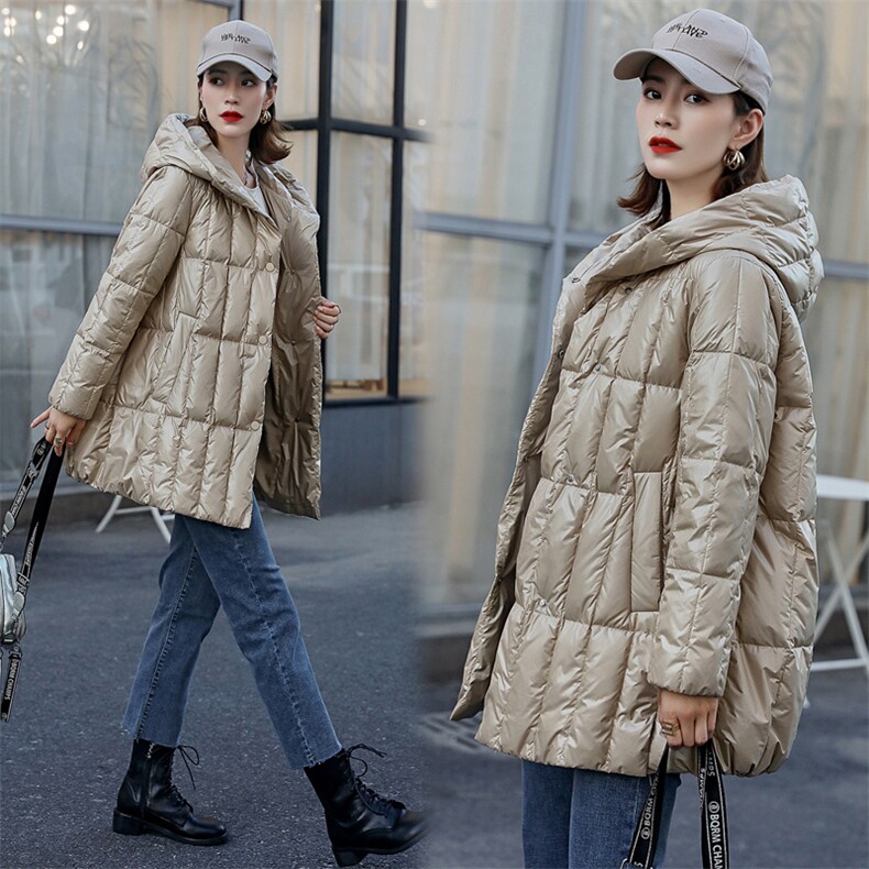 2020冬季新款优雅时尚中长款羽绒服气质显瘦连帽羽绒外套,女装羽绒服,深水步