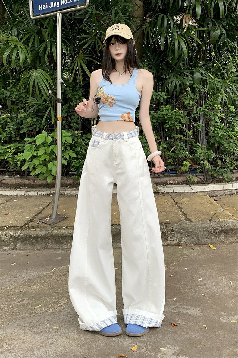 美式拼接格纹白色裤子男女夏季宽松直筒工装阔腿休闲裤YD9025-P60,男装牛仔裤,星座509