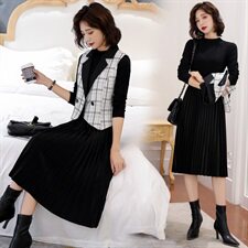 2021秋冬款小香风个性减龄连衣裙长袖纯色雅显瘦两件套，女装套装/套裙，瑶迪依秀