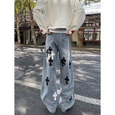 贴皮十字架刺绣拖地阔腿直筒牛仔裤男女长裤子N0388-P60，男装牛仔裤，星座308B-2