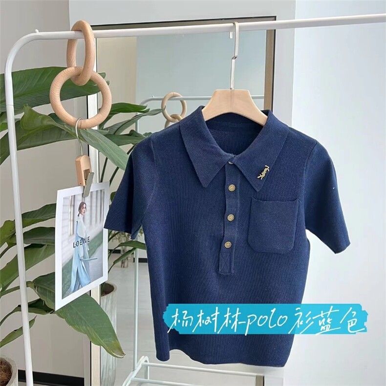 时尚百搭短袖POLO衫女宽松显瘦纯色针织开衫外套,针织衫/毛衣,沐策羊绒