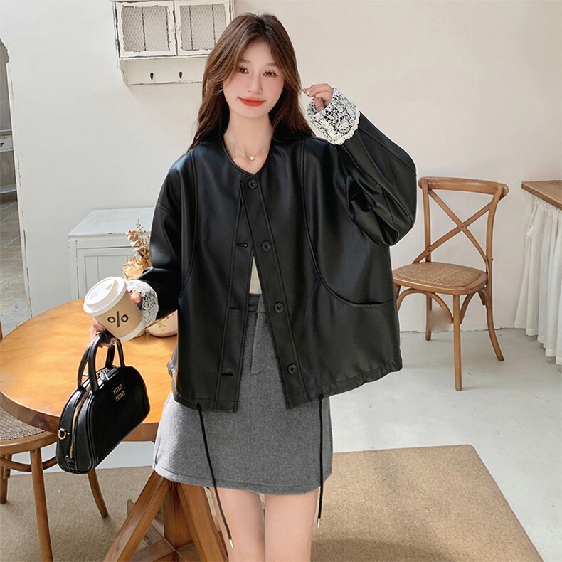 蕾丝拼接黑色皮衣外套女秋季高级感网红圆领pu皮夹克小个子图片
