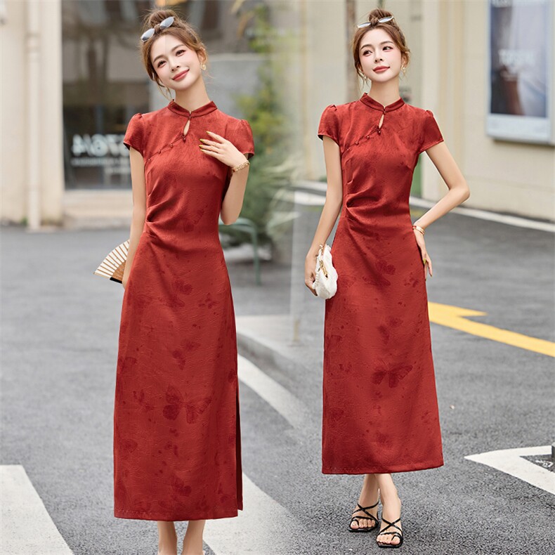 红色提花改良旗袍连衣裙女夏2025新款喜婆婆婚宴气质修身高端裙子,女装连衣裙,依如秀(原杭风阁)