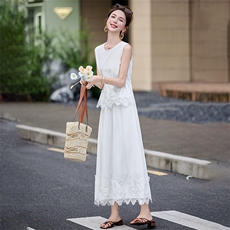 套装裙2025夏日新款绝美独特漂亮韩里韩气小香风蕾丝无袖两件套女，女装套装/套裙，韩蜜菓