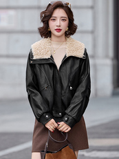 2025冬装新款简约时尚大翻领加绒皮衣外套，女装皮衣，魅丽静蓝