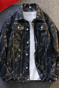 工装风翻领牛仔夹克男宽松印花潮牌百搭外套男士夹克JA28-特价P58图片