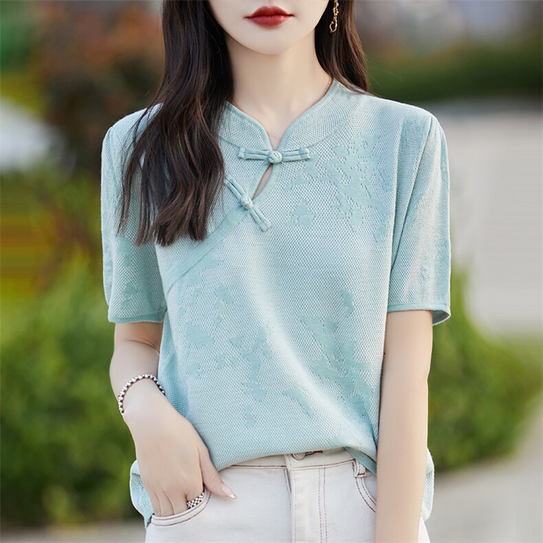 2025年夏季不连帽女士旗袍领时尚通勤百搭短袖，女装T恤，森墨