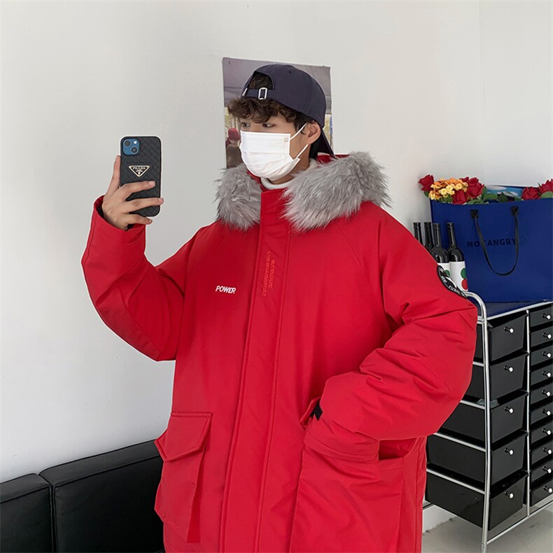 数据款现货连帽大毛领刺绣大口袋情侣学生中长款加厚白鸭绒羽绒服图片