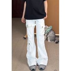 美式绑带显瘦微喇长裤多口袋工装高街vibe长裤无弹601-1-D7818，男装牛仔裤，星座601-1