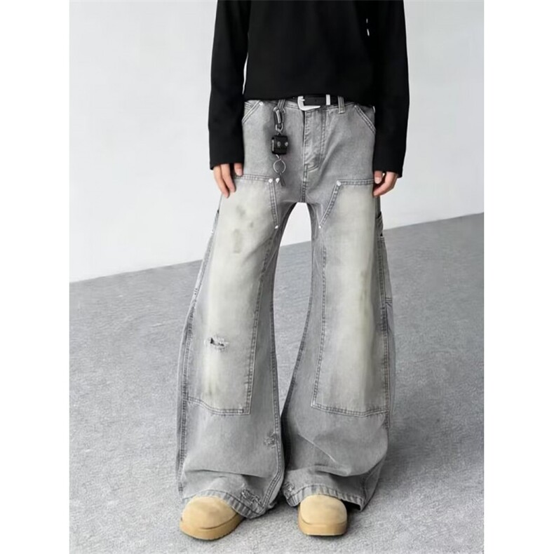 复古做旧破洞脏染弯刀裤宽松显瘦休闲潮牌男女拖地裤N03172-P60，男装休闲裤，星座308B-2