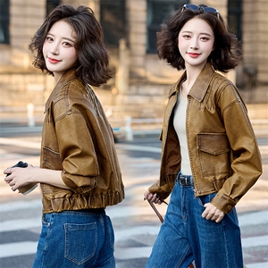 现货水洗双色皮衣2025年女秋季新款翻领气质高质感皮上衣图片