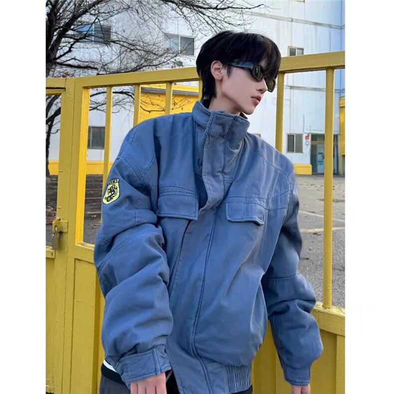 美式复古立领牛仔外套男女春秋冬季潮流vintage加绒加厚棉服夹克,男装工装外套,星座1210-1