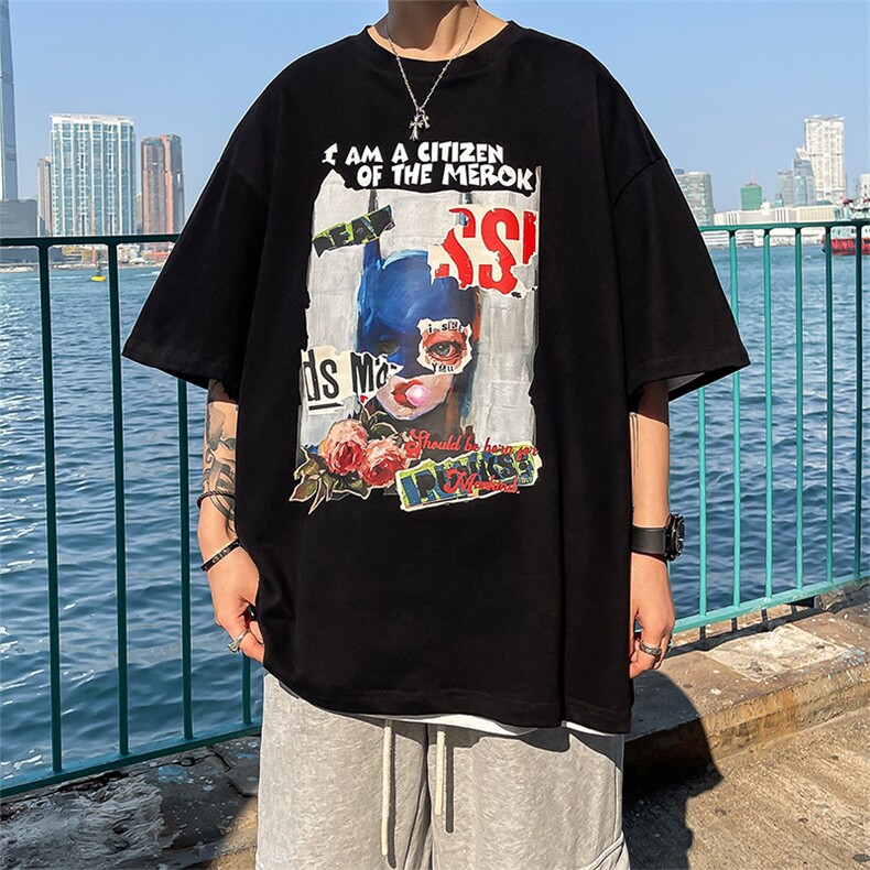XT5113-TP25控价38港风宽松休闲短袖上衣男潮牌印花半袖t恤男,男装T恤,电商A102-1