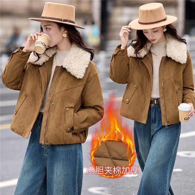 现货2025年冬季新款麂皮绒加棉棉衣羊羔毛毛领时尚棉衣,女装棉衣/棉服,悦祺