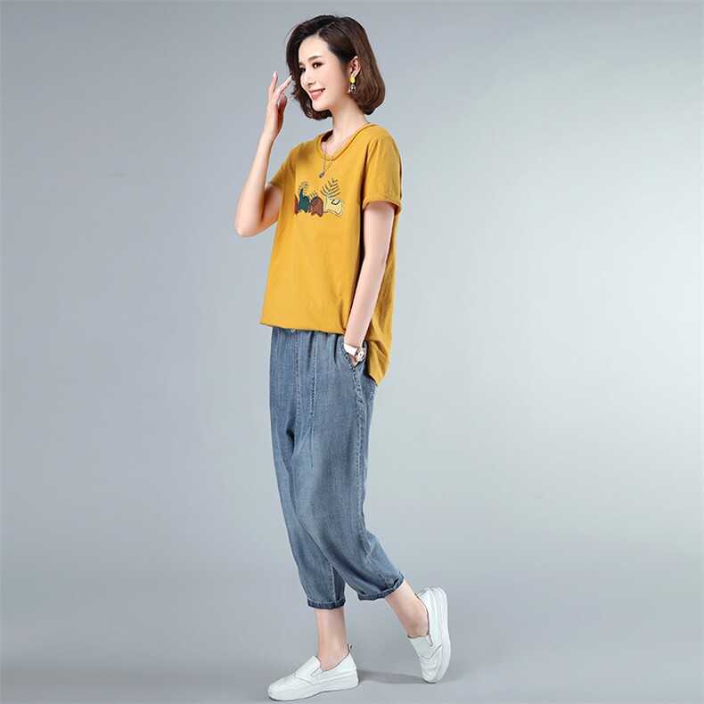 套装/套裙2021年夏季时尚圆领印花舒适牛仔裤插袋两件套,女装套装/套裙,独衣靓