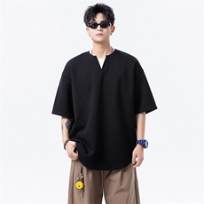 2025夏季美式V领假两件重磅短袖宽松版t恤男DX2507-P38-控68，男装T恤，电商B208