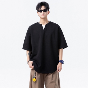 2025夏季美式V领假两件重磅短袖宽松版t恤男DX2507-P38-控68图片