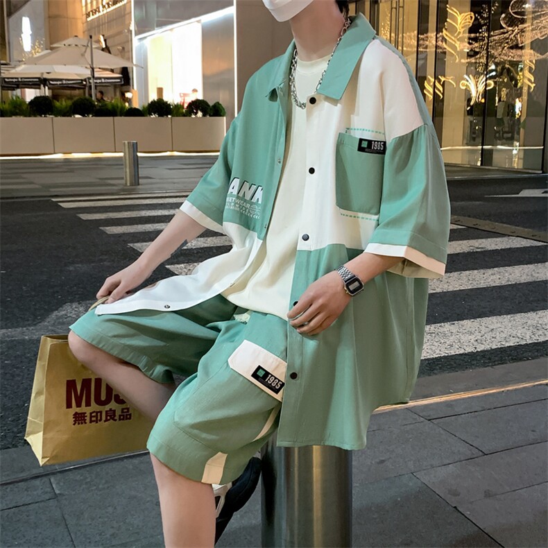 港风夏潮流印花拼接开衫宽松短袖衬衣短裤帅气套装A436-D217-P60,男装休闲套装,电商A436
