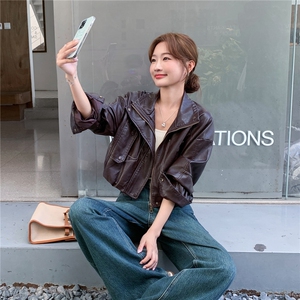 时尚复古新潮pu皮衣春秋季新款女装机车显瘦帅气翻领甜酷短外套女图片