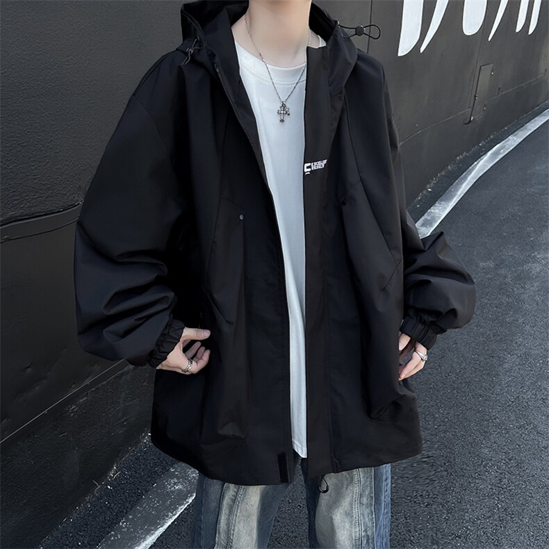 秋款男连帽夹克字母刺绣拉链口袋宽松冲锋衣魔术贴外套J237P55,男装夹克,星座1013-1