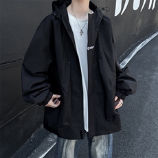 秋款男连帽夹克字母刺绣拉链口袋宽松冲锋衣魔术贴外套J237P55，男装夹克，星座1013-1