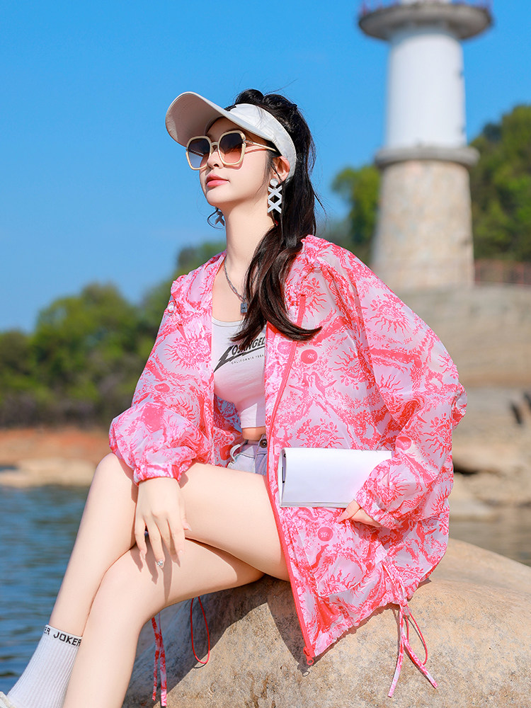 薄外套女中长款2025夏季新款时尚印花连帽户外遮阳棒球服长袖上衣,女装防晒衣,可可小西