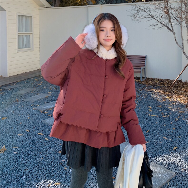 韩版短款羽绒服女2025冬季新款今年流行毛领收腰保暖外套酒红色,女装羽绒服,艾米莉亚