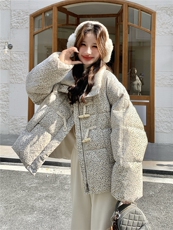 撞色短款小香风碎花羽绒服2025新款女冬独特漂亮毛绒领派克服外套，女装羽绒服，慧尚2-185