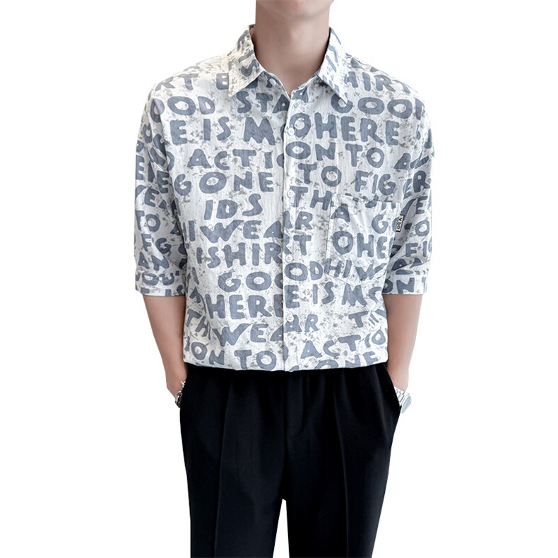 2025春季新款衬衫男士夏季七分袖衬衫印花棉质上衣男901-C39P58,男装衬衫,星座901