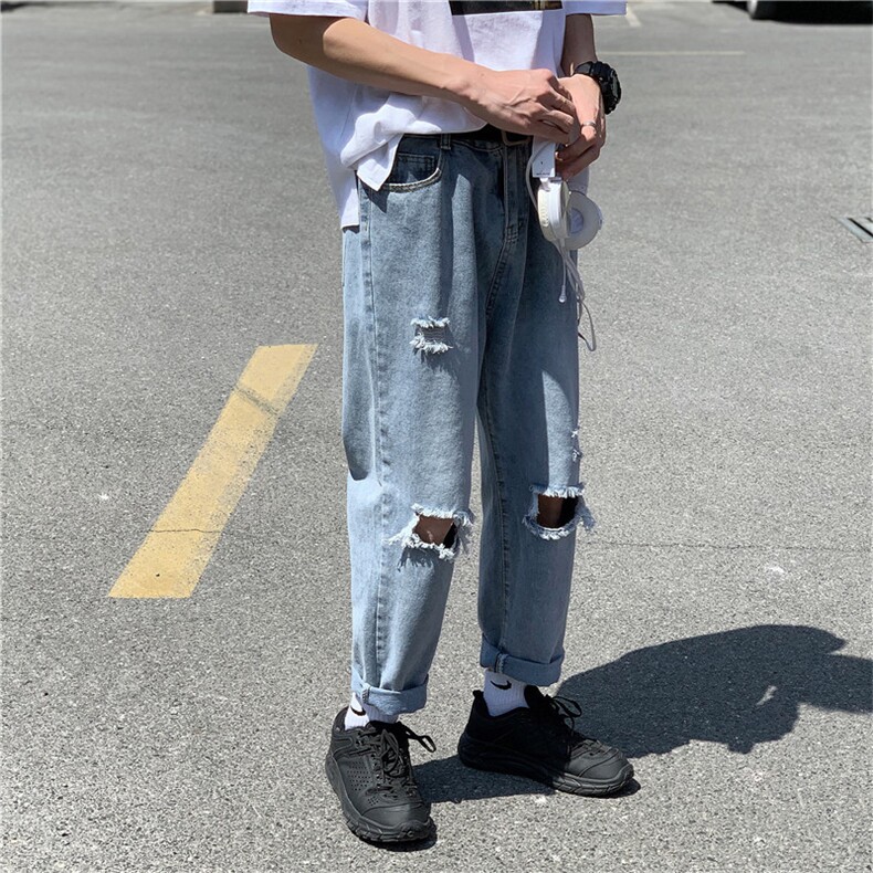 夏款男牛仔裤大破洞宽松下坠cec潮直筒九分休闲裤n,男装牛仔裤,星座1013-1