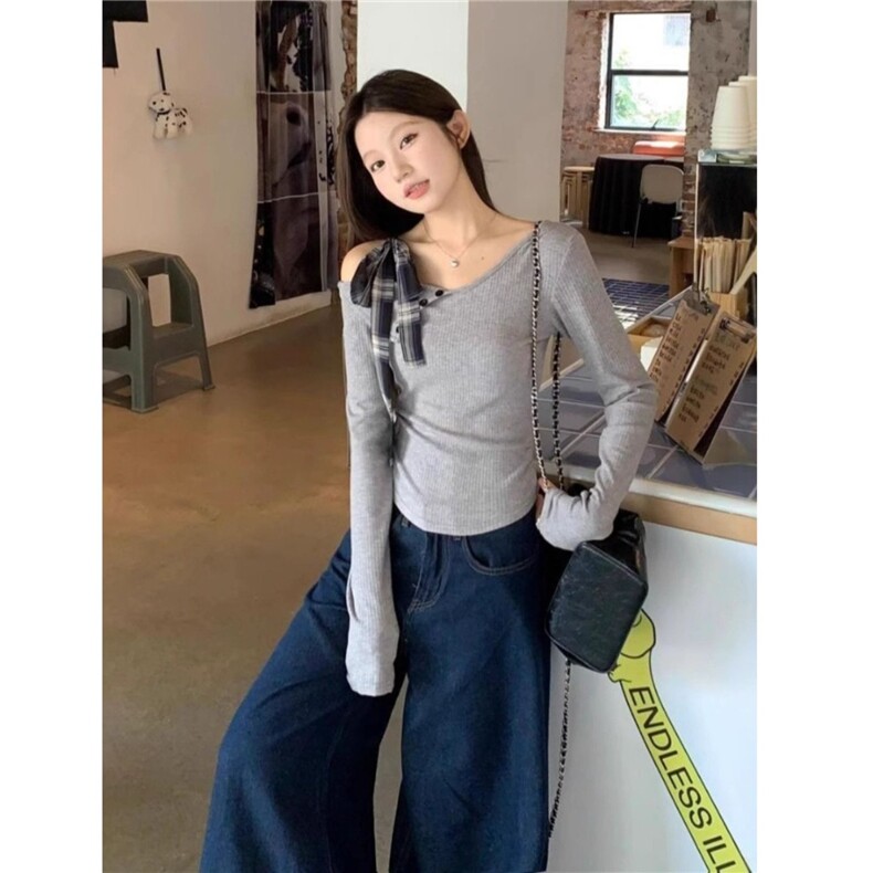 纯欲一字肩露锁骨长袖t恤女春秋不规则设计感修身显瘦针织打底衫,男装T恤,星座1210-1