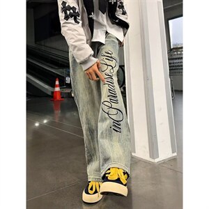 复古蓝字母印花微喇牛仔裤男春秋高街裤子直筒修身阔腿裤 NS6078，男装牛仔裤，星座1116A（原606A-3）