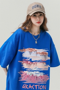 中性风23新款复古印花纯棉圆领时尚百搭宽松短袖T恤T1143P25控38图片