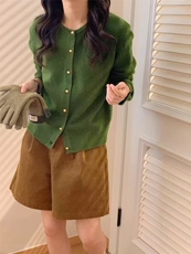 纽扣慵懒针织新款开衫圆领长袖针织毛衣宽松上衣外套通勤，女装针织衫/毛衣，春贝羊绒